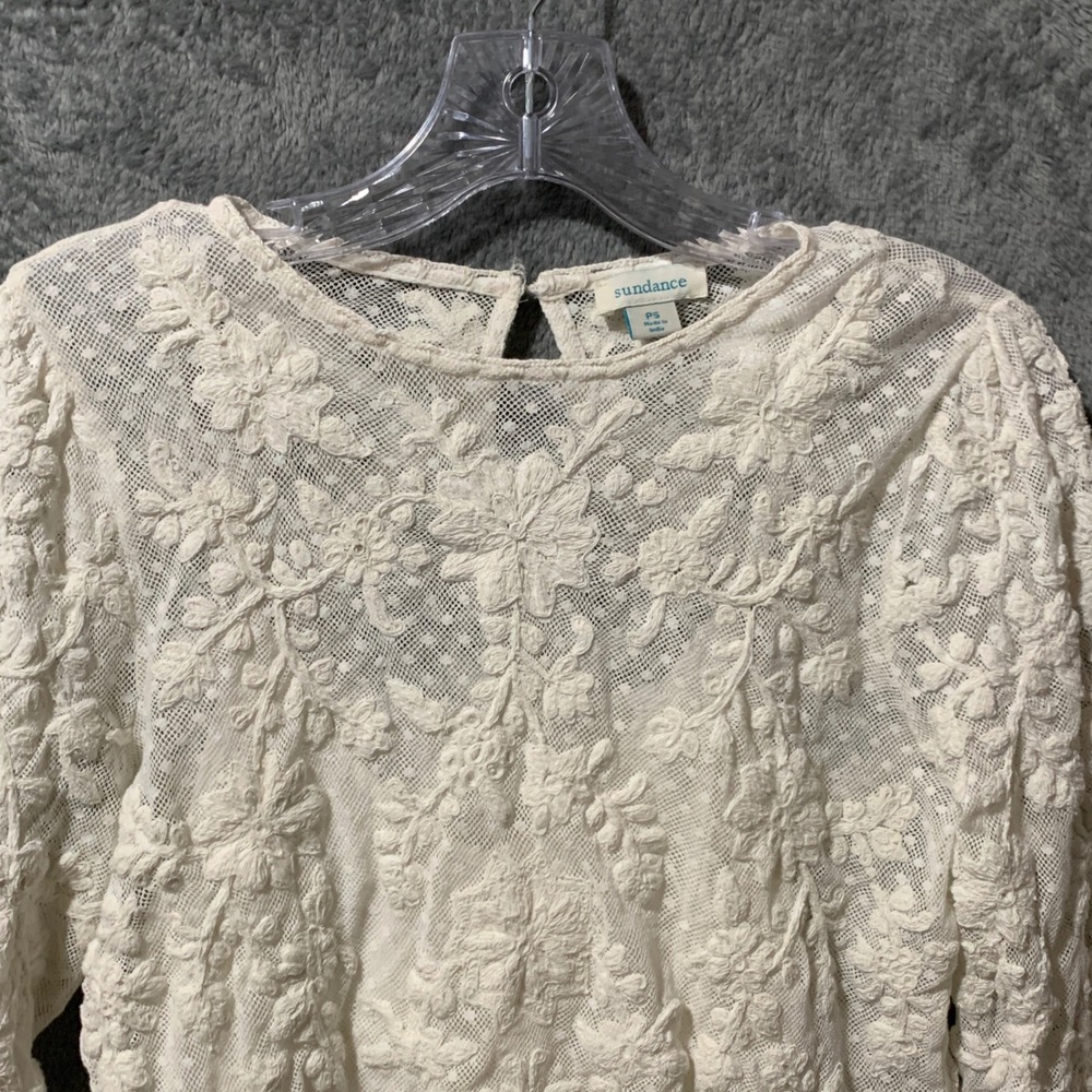 Sundance White Floral Lace Embroidered Ruffle Cuff Blouse Petite Small PS - Picture 9 of 15